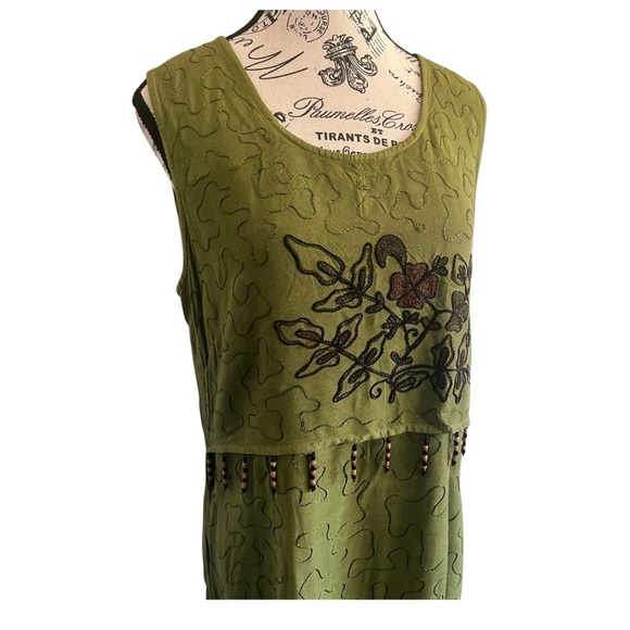 90s Del Sol Olive Green Boho Maxi Dress with Beaded Fringe – M - Picture 2 of 7
